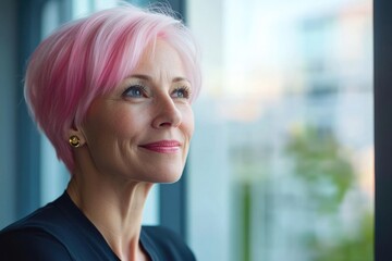 Wall Mural - A woman with vibrant pink hair looks out of a window, possibly contemplating her next move