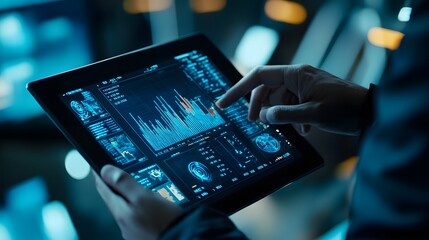 Business man or analyst expanding futuristic investment virtual screen over a modern tablet. Showing if charts and infographic for investment analysis. 