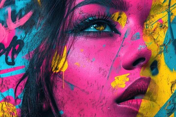 Canvas Print - A close-up shot of a woman's face with vibrant colors painted on her skin, perfect for artistic or cultural representations