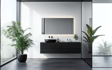 Modern bathroom with black sink and plants.