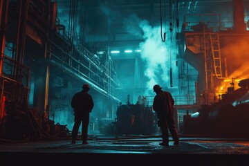 Poster - Industrial scene with two men working amidst smoke and machinery