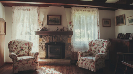 Cozy Vintage Living Room with Floral Armchairs, Stone Fireplace, and Lace Curtains Creating a Warm and Inviting Atmosphere