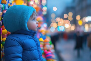 Wall Mural - A young child dressed in a bright blue jacket and matching hat, likely on an outdoor adventure