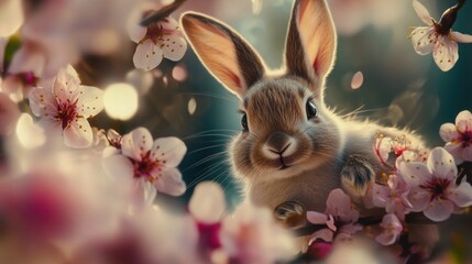 Poster - A rabbit sits comfortably in a tree surrounded by colorful flowers