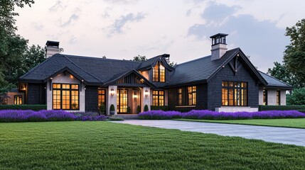 Exterior design of a home with lavender accents, traditional architecture, featuring dark slate and elm details, panoramic windows, chalk roof trim, a cement driveway, and a grass-covered front