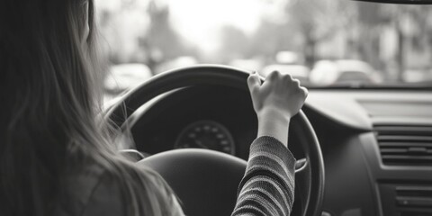 Sticker - A woman sitting behind the wheel of a car, holding the steering wheel