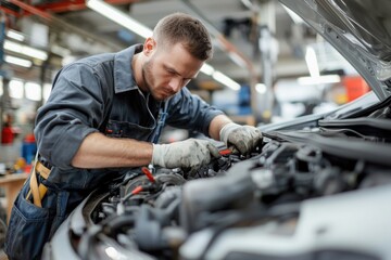 Poster - A person tinkers with a vehicle's motor in a garage setting