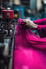 Poster - A woman works on her latest sewing project using pink cloth, with various threads and fabrics nearby