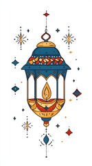 Poster - Illustration of a colorful ornate lantern with a candle flame, surrounded by decorative elements on a white background.