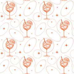 Aperol Spritz cocktail, glass alcoholic drink, sketch, seamless pattern, hand drawn illustration vector