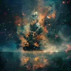 Poster - A Christmas tree is floating in the water. The sky is filled with stars and the water is calm