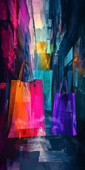 Poster - A colorful painting of two shopping bags with a city background