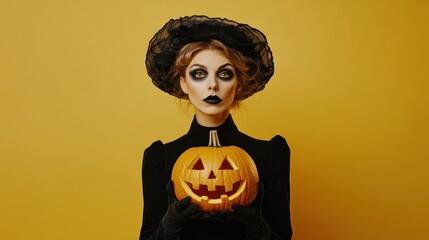 European witch woman wearing black costume and halloween makeup holding carved pumpkin, isolated over yellow background