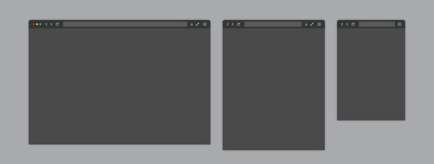 Web browser window dark template. Sample frame design Internet page mockup. Blank screen web browser in flat design. Vector illustration