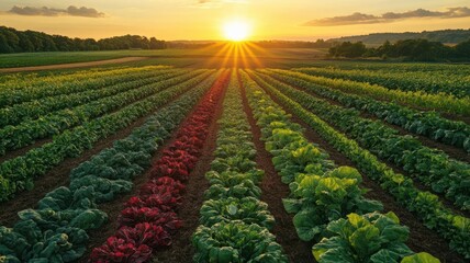 A wideangle shot of an organic field with cover crops growing between rows of vegetables