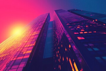 Wall Mural - Minimalist design of a synthwave skyscraper, with a focus on clean lines and vibrant colors.