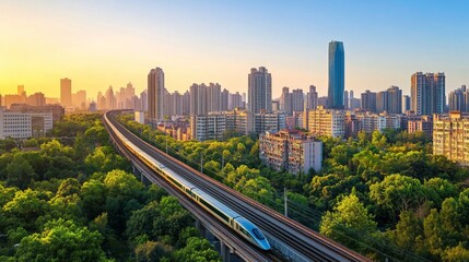Poster - Urban Landscape with Train and Sunset over City
