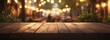 © Mr image - 3. **Evening Glow:** Depict an empty wooden table at dusk, softly illuminated by enchanting bokeh lights. The hazy outlines of an outdoor cafe filled with patrons enjoying dinner create a magical