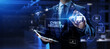 © Murrstock - Cyber security access control data protection personal information privacy concept. Businessman pressing button on screen.