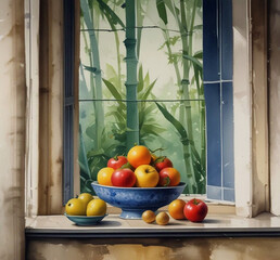 Illustration of fresh and healthy fruit near window in home. 