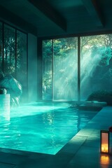 Sticker - A pool with a view of trees and a light shining through the window. Scene is peaceful and relaxing