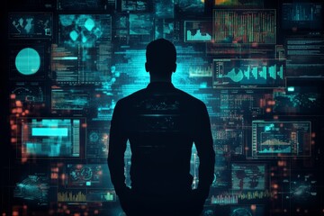 Silhouette of a Man in Front of a Digital Wall