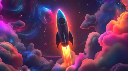 Aufkleber - A rocket ascends into a bright cosmic scene, surrounded by colorful clouds and shimmering stars. The vibrant colors create a mesmerizing atmosphere that captures the excitement of exploration.
