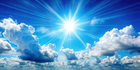 of blue sky with fluffy clouds and sun rays , clouds, blue sky, sun rays,nature, sky, sunny, fluffy, weather, background, day