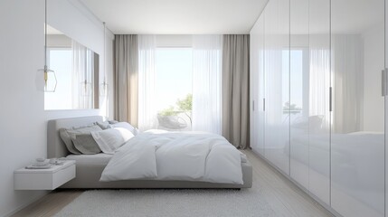 Poster - This serene bedroom features a comfortable bed adorned with plush pillows and a soft duvet. Large windows allow natural light to fill the space, enhancing the minimalist decor and tranquility.
