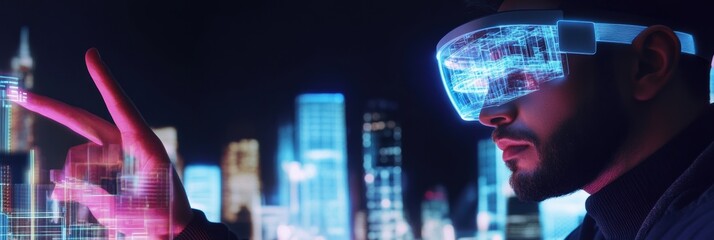 Aufkleber - An augmented reality architect designs futuristic buildings in a high-tech cityscape using AR glasses at night. Generative AI