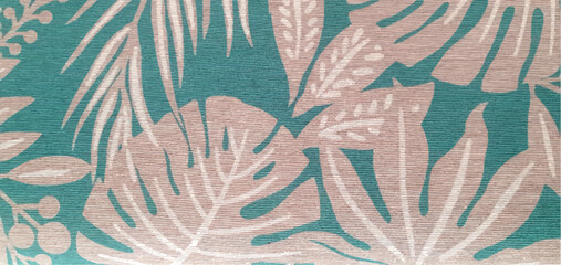 Texture of wallpaper or fabric with an ornament of palm leaves on a blue turquoise background. Print with palm leaves ornament. Exotic background ornament. Interior design wallpaper. Fashion design.