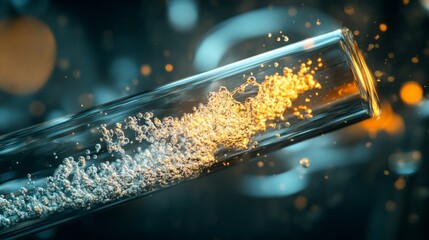 Poster - A glass tube is suspended in the air, filled with a liquid that is bubbling and fizzing. The liquid is a bright gold color, and it appears to be exploding out of the top of the tube.