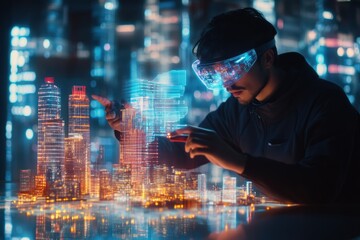 Aufkleber - An augmented reality architect designing futuristic buildings in a high-tech urban cityscape with virtual projections at night. Generative AI