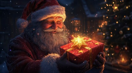 Poster - Santa Claus Opening Christmas Present With Golden Stars In Night