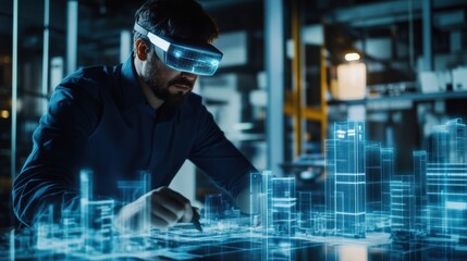 Aufkleber - An augmented reality architect designs virtual structures in a futuristic urban landscape with AR glasses at dusk. Generative AI