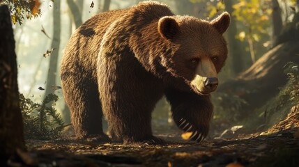 A brown bear walking through a forest, with detailed fur and soft shadows highlighting its movements