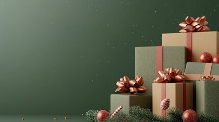 Poster - Vertical banner with many gift boxes with paper decorations on olive background. Christmas background.