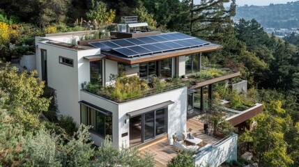Aufkleber - Modern Eco-Friendly Home with Solar Panels and Greenery