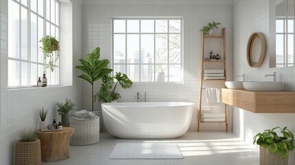 Poster - A contemporary bathroom features a white freestanding tub surrounded by greenery
