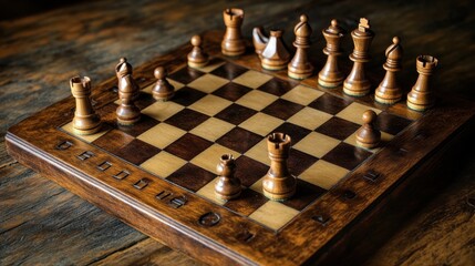 A brown wooden chessboard with detailed pieces arranged for a game, captured in soft light