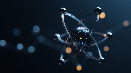 A 3D rendering of a metallic atom with a glowing nucleus, orbiting electrons, and a blurred background of glowing orbs.