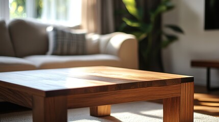 A brown wooden coffee table in a cozy living room, with detailed grains and soft reflections from ambient light