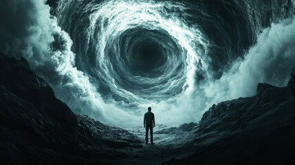 Wall Mural - A man stands in front of a large hole in the ground