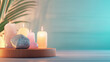 © Gentle Bunny - serene arrangement of candles and stones creates calming atmosphere, perfect for relaxation and meditation. soft glow of candles enhances tranquil setting