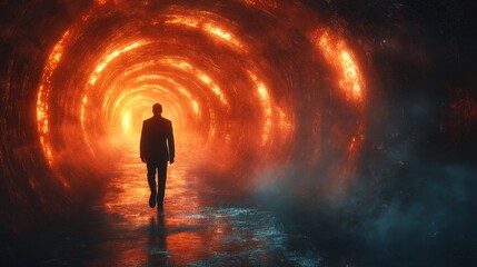 Wall Mural - A man walks through a tunnel with a bright orange glow