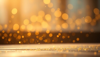 Luxurious Golden Glitter on Smooth Surface, Floating Particles in Warm Light with Cinematic Bokeh