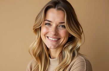 female portrait of caucasian blonde smiling woman on beige background