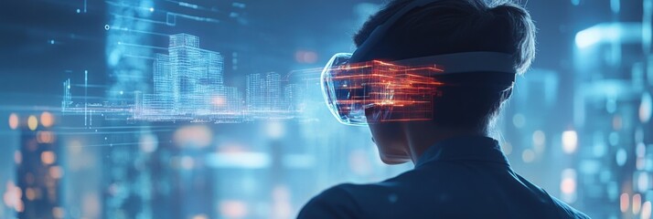 An augmented reality architect designs virtual buildings in a futuristic urban landscape using AR glasses. Generative AI