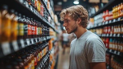 Man in a supermarket or grocery store looking at the shelf full of products, comparing prices and choosing what to buy