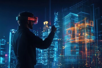 Aufkleber - An augmented reality architect designs futuristic buildings in a high-tech cityscape using AR glasses and holographic projections. Generative AI